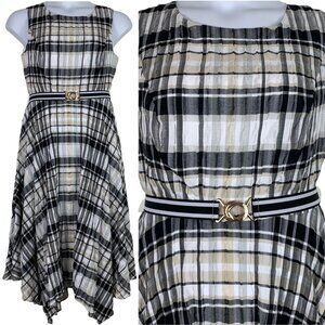 Tommy Hilfiger Sz 10 Dress Plaid Neutrals Belted Handkerchief Hem Midi Maxi NEW